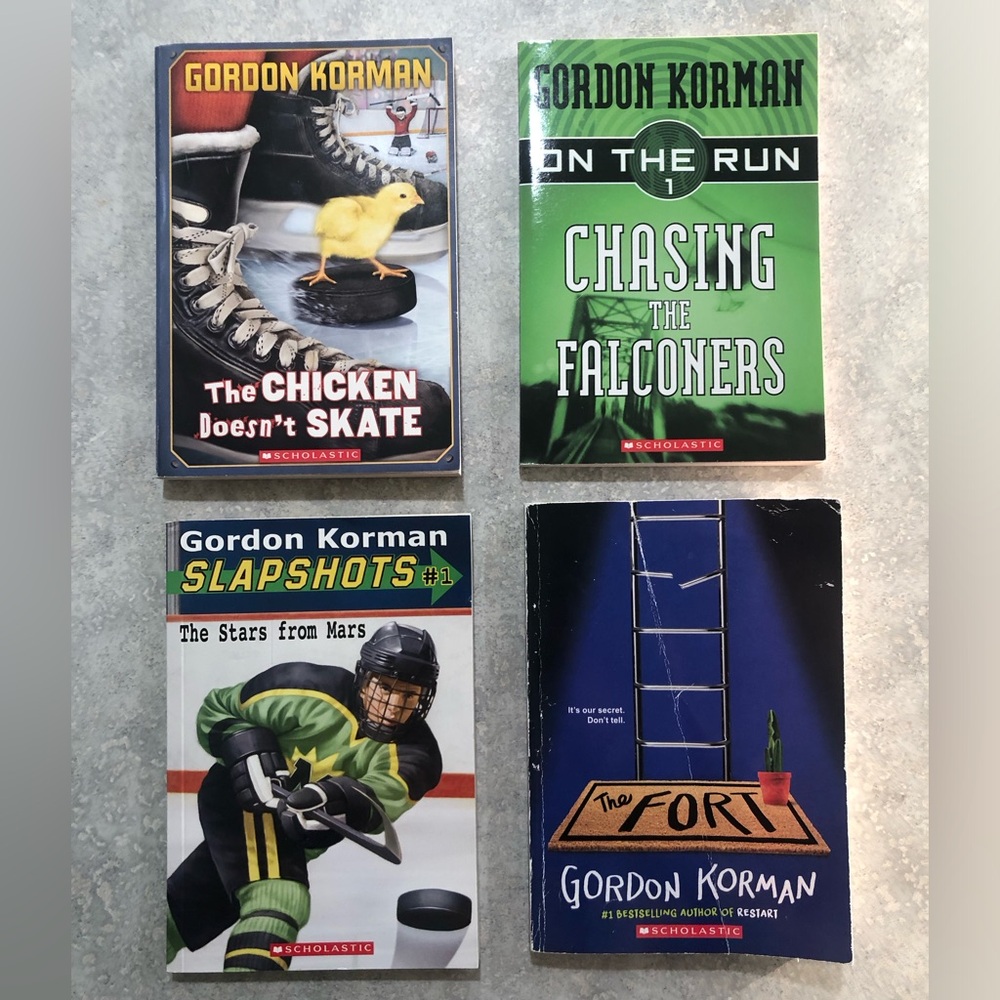 Scholastic Gordon Korman Book Lot - Green, Black, Blue Covers Set of 4 Books